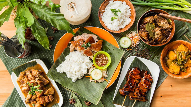A spread of Filipino food from Cebu Lechon