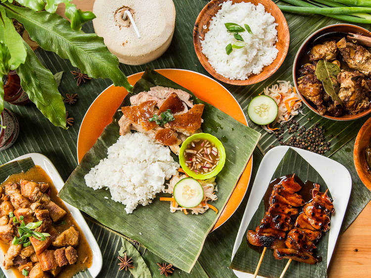 A spread of Filipino food from Cebu Lechon