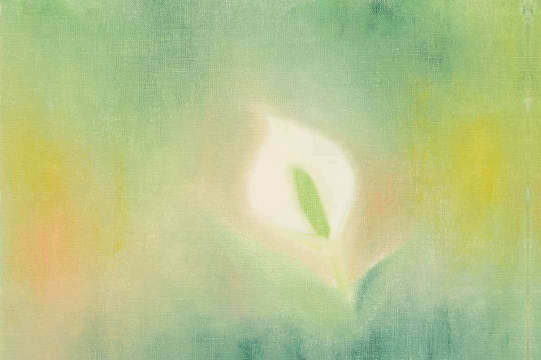 片岡が自らの指を使ってキャンバスに描いたという白いミズバショウの油絵