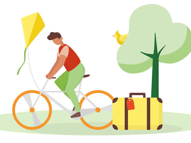 Zyrtec outdoor allergies illustration Illustration of a man riding a bicycle with a kite and suitcase