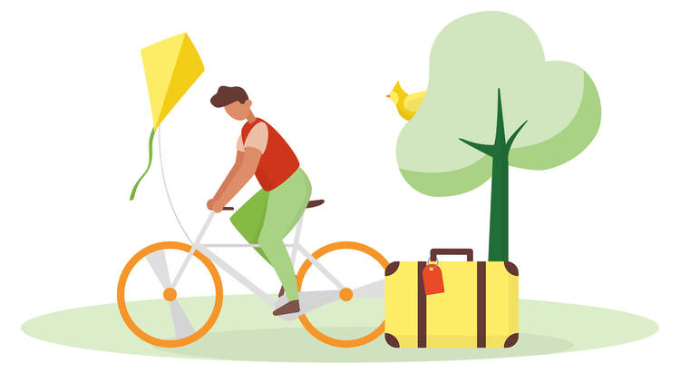 Illustration of a man riding a bicycle with a kite and suitcase