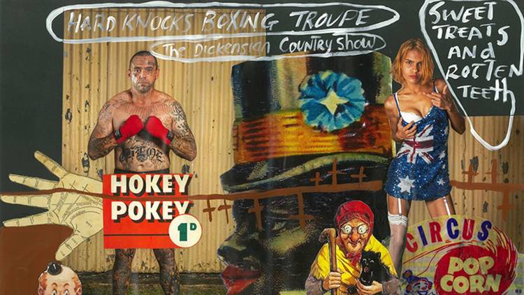 Karla Dickens collage art work Hokey Pokey shows a tattooed boxing man and a woman in a sequinned Australian flag dress