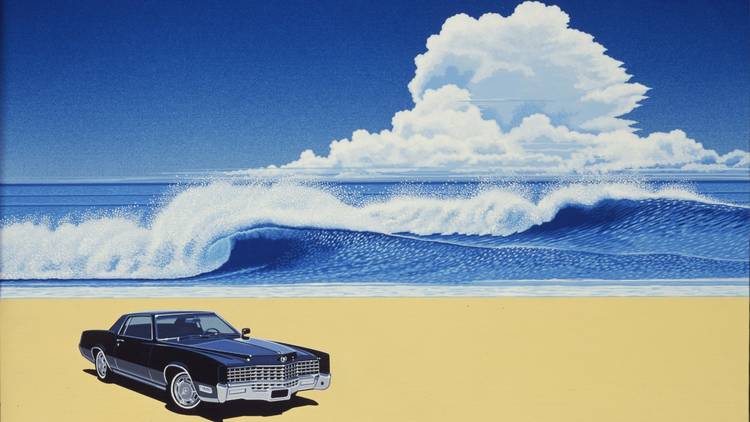 A painting of a dark blue boxy car on a sandy beach with big surf in a blue ocean and a huge cloud in a big blue sky 