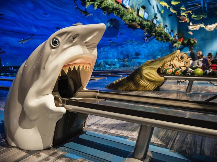 Go bowling at an undersea aquarium with sea turtles and stingrays!