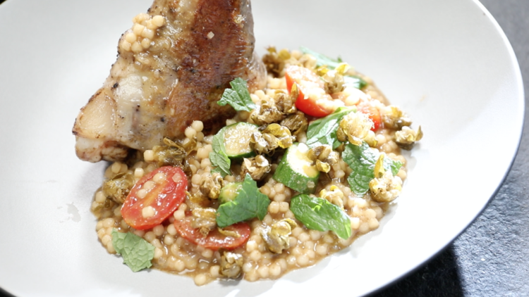 Lamb Shank (cumin couscous, roasted tomato and baby courgettes)
