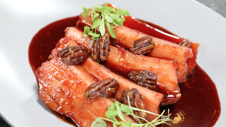 Pork Belly (smoked BBQ sauce and soy pecan) Pork Belly (smoked BBQ sauce and soy pecan)