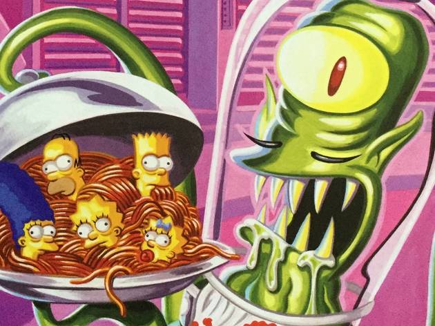 Ilustración de Los Simpson con ellos dentro de un plato de spaguetti