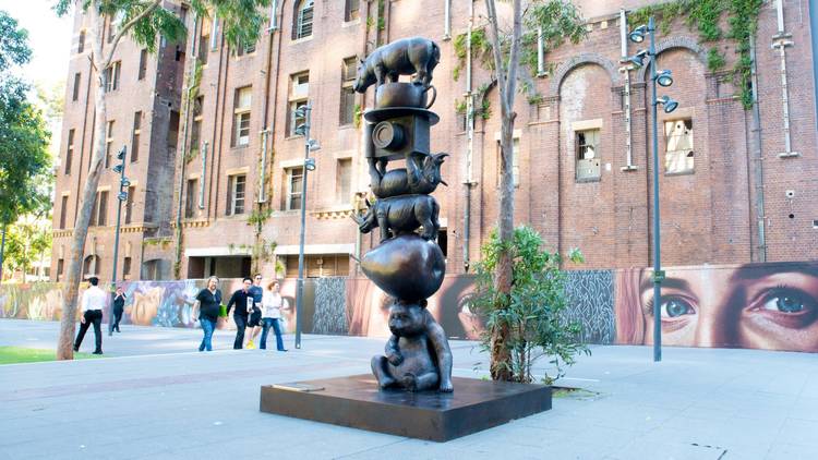 Gillie and Marc sculpture 'The Tower of Love’ depicts a panda, two rhinos and a hippo balanced on top of one another with a pear, camera and coffee cup