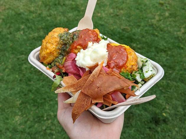 Homeland Streetfood A box of salads and corn fritters with toum
