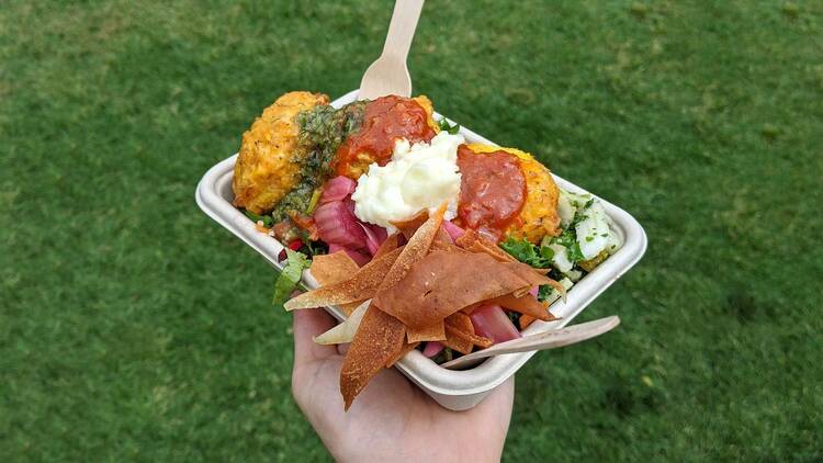 Israeli salad and corn fritters at Northside Produce Market