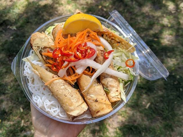 Eat Fuh A spring roll vermicelli bowl at a market