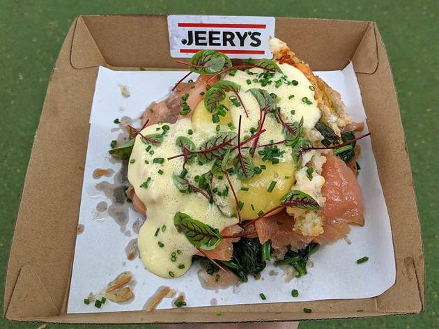 Jeery's A smoked salmon and egg topped roti