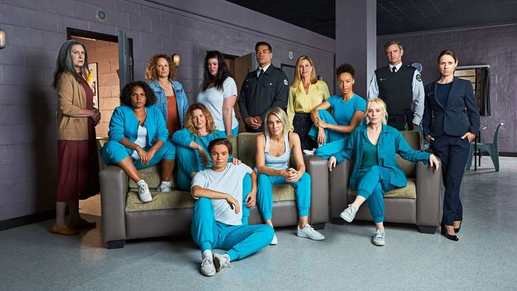 The cast of Wentworth on set in a prison setting