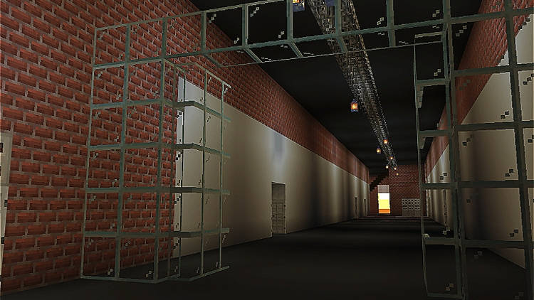 An industrial looking hallway recreated in Minecraft