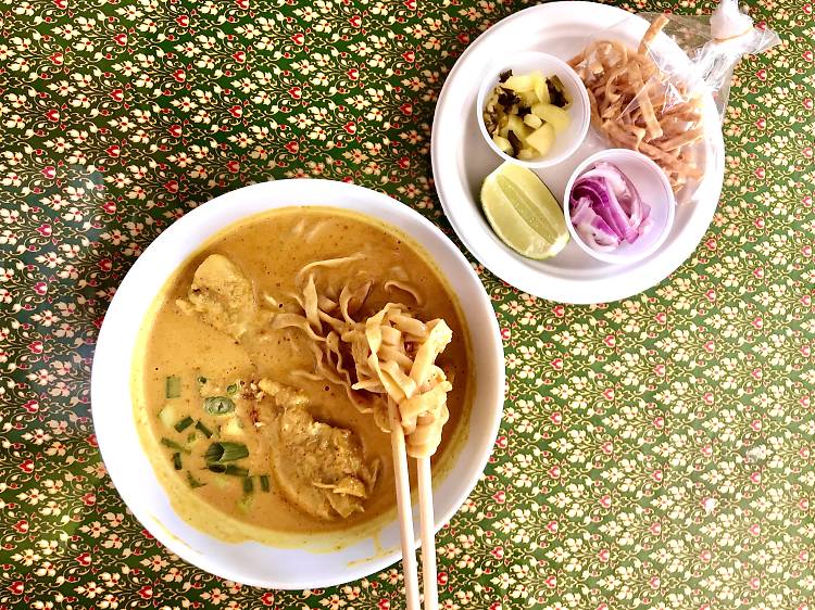 An order of khao soi and iced tea at Northern Thai Food Club