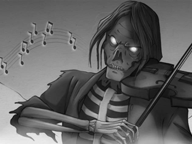 El violín negro Ilustración en blanco y negro de una calavera con cabello largo y tocando el violín
