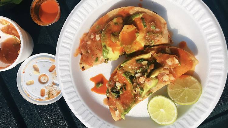 Tacos dorados de camarones at Mariscos Jalisco in Los Angeles