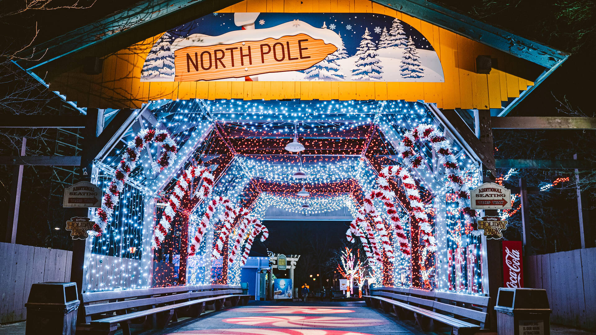 Walk or drive through the holiday lights at Six Flags