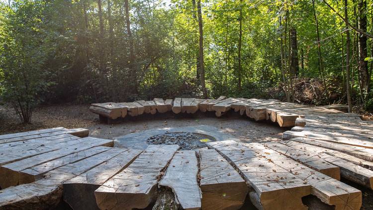 Wooden benches in a park at Zurich Airport