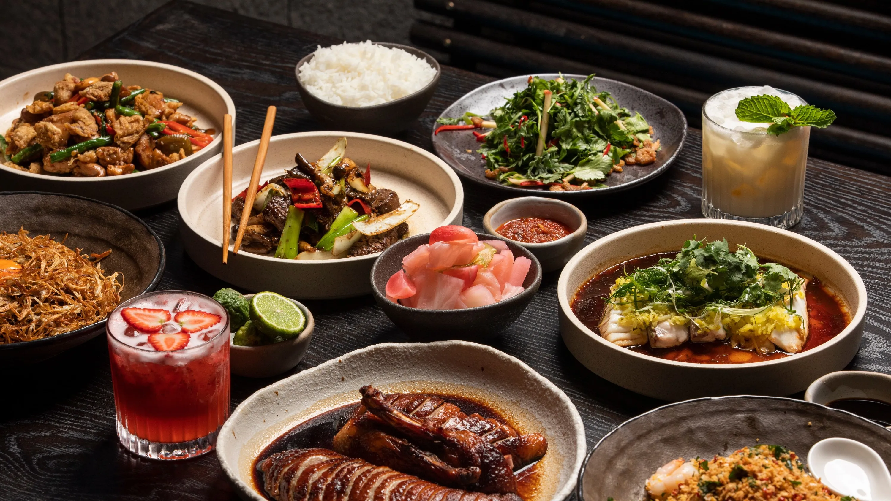 Plates of food and drinks