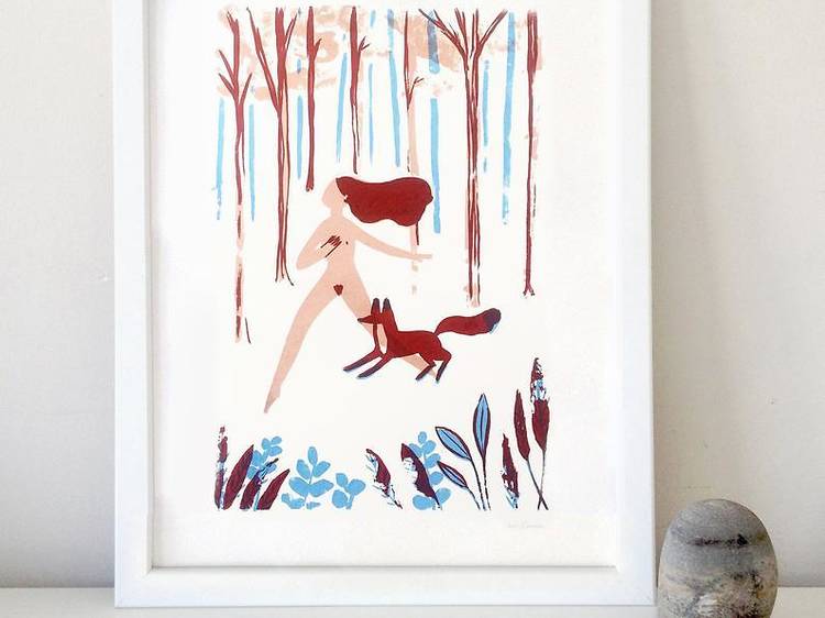 Serigrafia ‘Woman in the forest with fox’ de Ana Oliveira