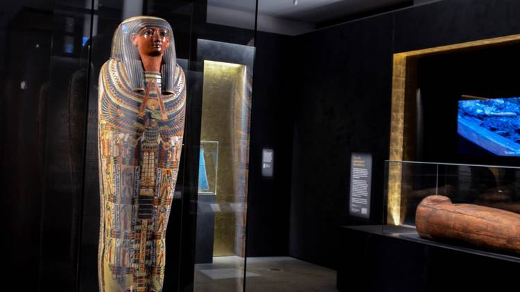 Mummy case stands in Ancient Egyptian exhibition.