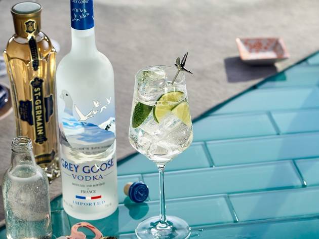 Grey Goose Le Grand Fizz and bottle Grey Goose vodka bottle and Le Grand Fizz cocktail