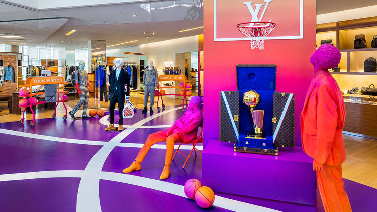 The Lakers championship trophy is on display at Louis Vuitton Rodeo Drive