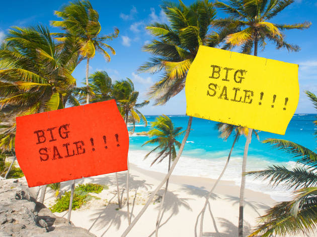 Travel sale – Barbados beach with 'Big sale!!!' stickers Travel, flight and hotel deals
