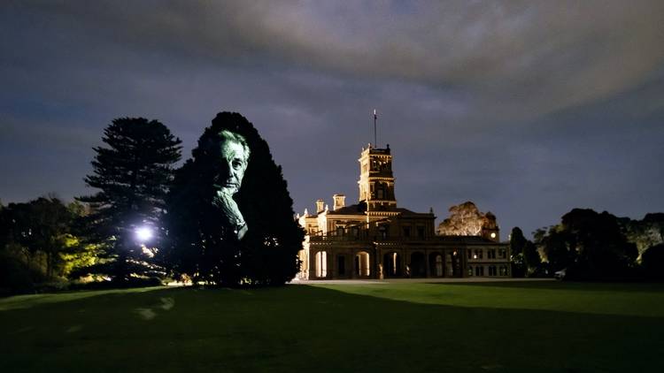 Werribee Park at night with a mans face projected on a large tree
