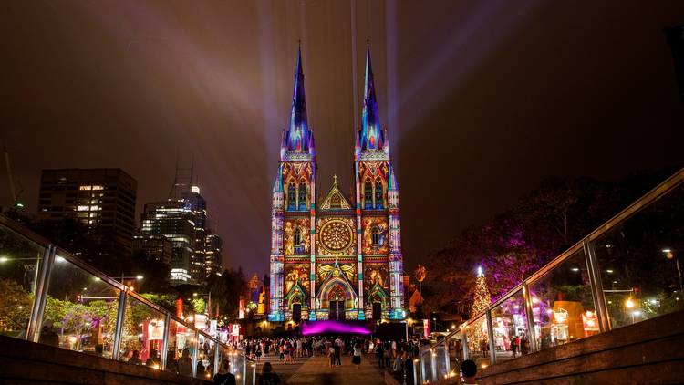 St Mary's Cathedral lit up with stained glass window projections