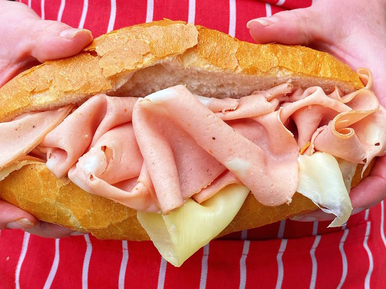 Mortadella panini roll at Rocco's Delicatessen