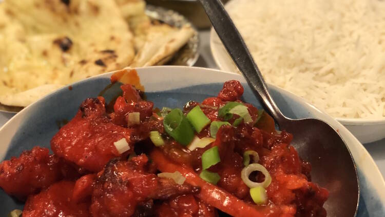 Tikki chaat, palak paneer and gobi manchurian at Aangan