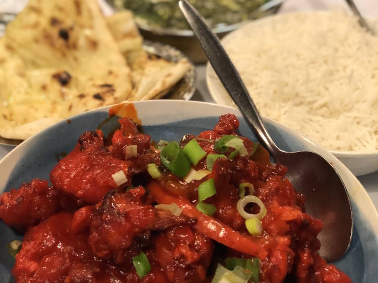 Tikki chaat, palak paneer and gobi manchurian at Aangan