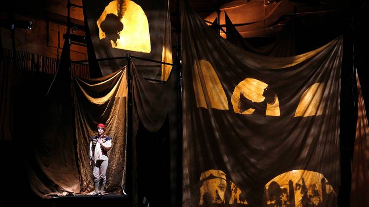 A performer stands on a stage surrounded by dark sheets lit up with shadow puppets