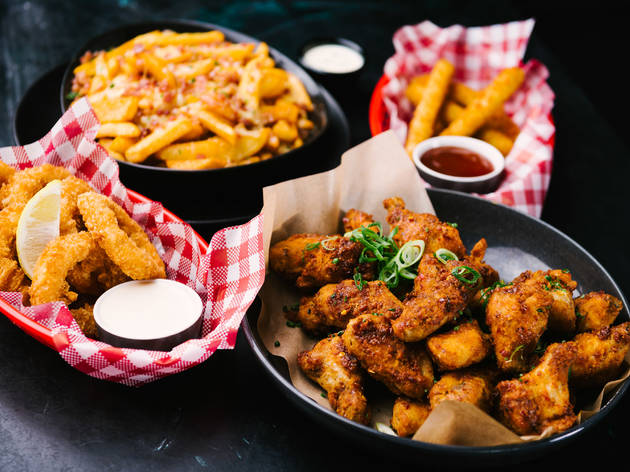 Lone Star fried chicken, calamari, loaded fries and fries with sauce