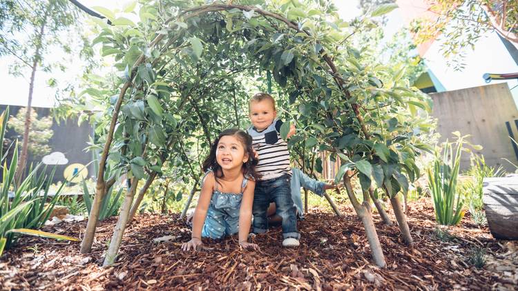 Children under an arch made of plants in the garden at the Pauline Gandel Children's Gallery, Melbourne Museum