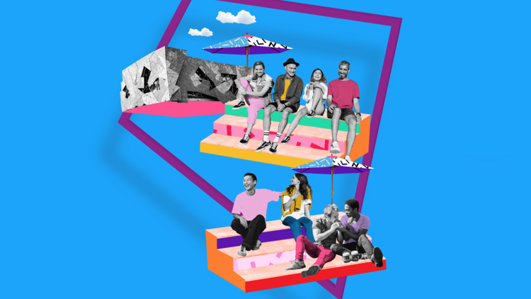 Illustration of people sitting in an abstract depiction of Fed Square