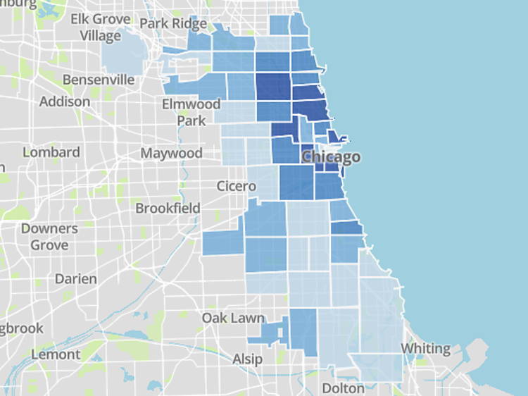 This map shows how many people have been vaccinated in each Chicago ZIP code