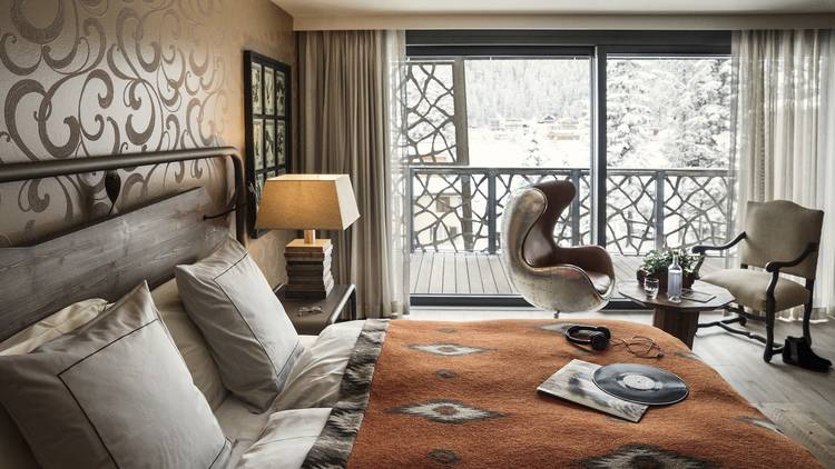 A stylish hotel room at Valsana Hotel, Arosa.