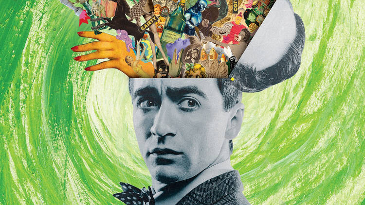 a collage with a  black and white pic of a man with a cornucopia of bits and pieces flying out of his head, against a swirling lime green background 