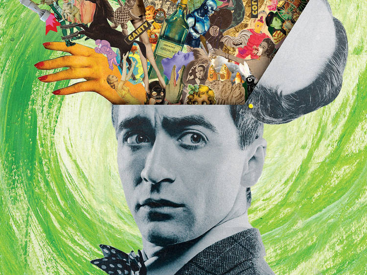 a collage with a  black and white pic of a man with a cornucopia of bits and pieces flying out of his head, against a swirling lime green background 