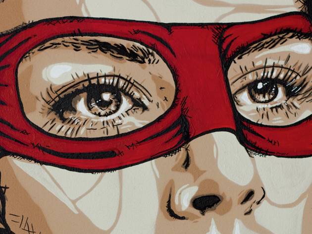Stencil Art Prize 2021 A close up of stencil art depicting a woman in a red eye mask, like a bandit or superhero