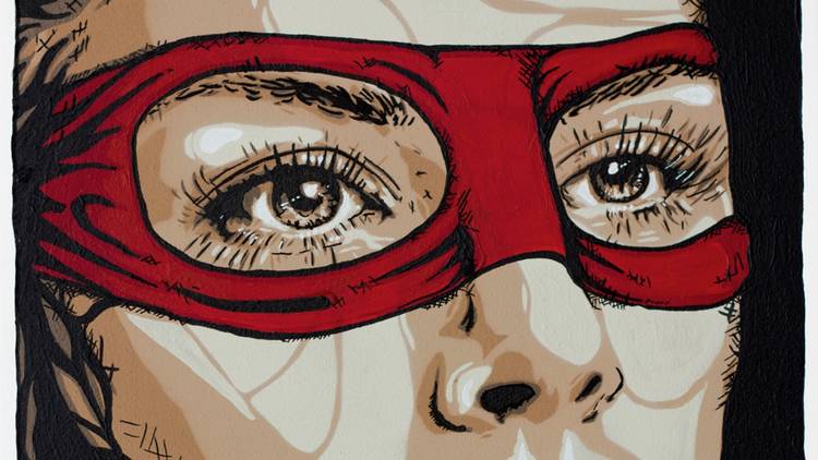 A close up of stencil art depicting a woman in a red eye mask, like a bandit or superhero