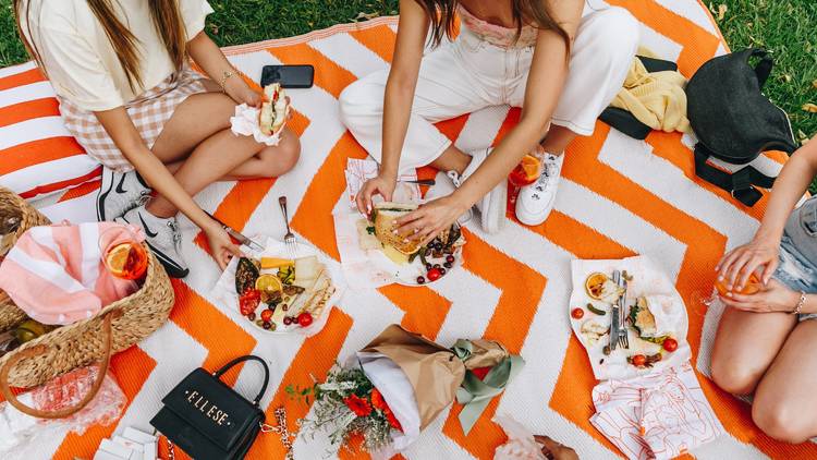 Flatlay of snacks and people sitting on a picnic rug