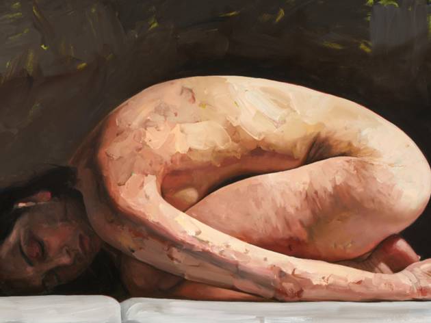 'Cede', Cause and effect, Solomon Kammer at Yavuz Gallery 2021 A naked woman curled in on herself on her knees against a dark backdrop