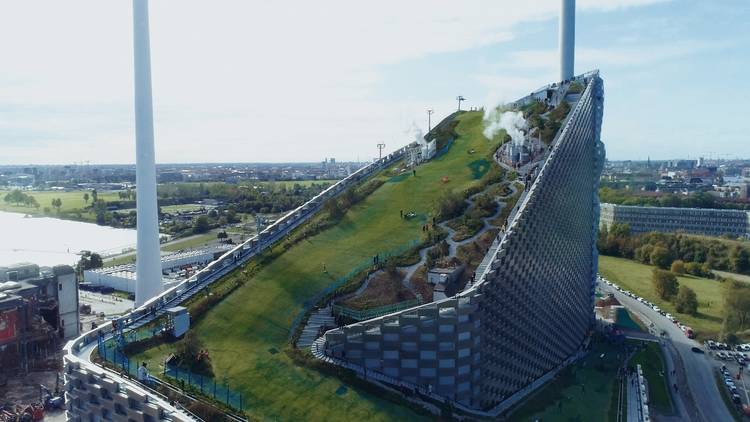 A view of stunning Copenhagen waste factory Copenhill, which doubles as a ski slope
