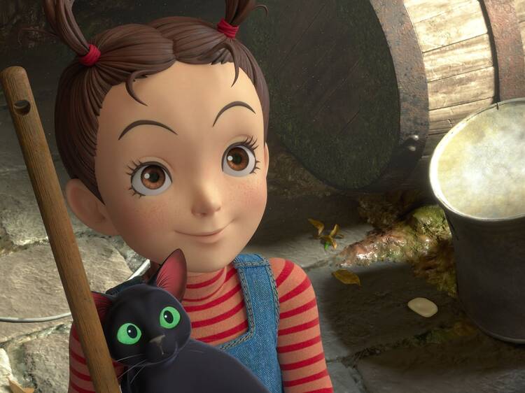 A little girl and a black cat  in animated film Earwig and the Witch