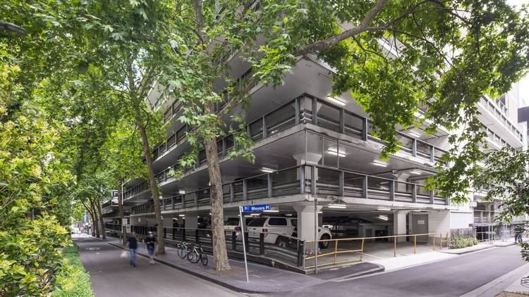 The Parkade carpark on Little Collins Street, shot from underneath a tree