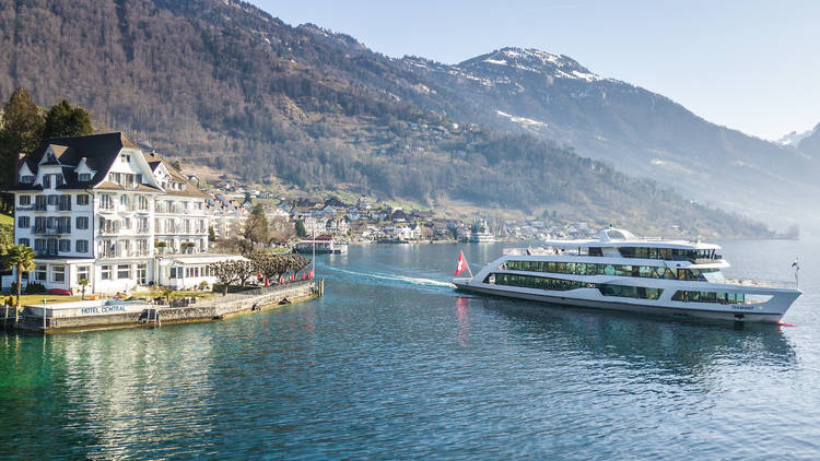 MS Diamant sailing across the lake in Weggis, Switzerland.